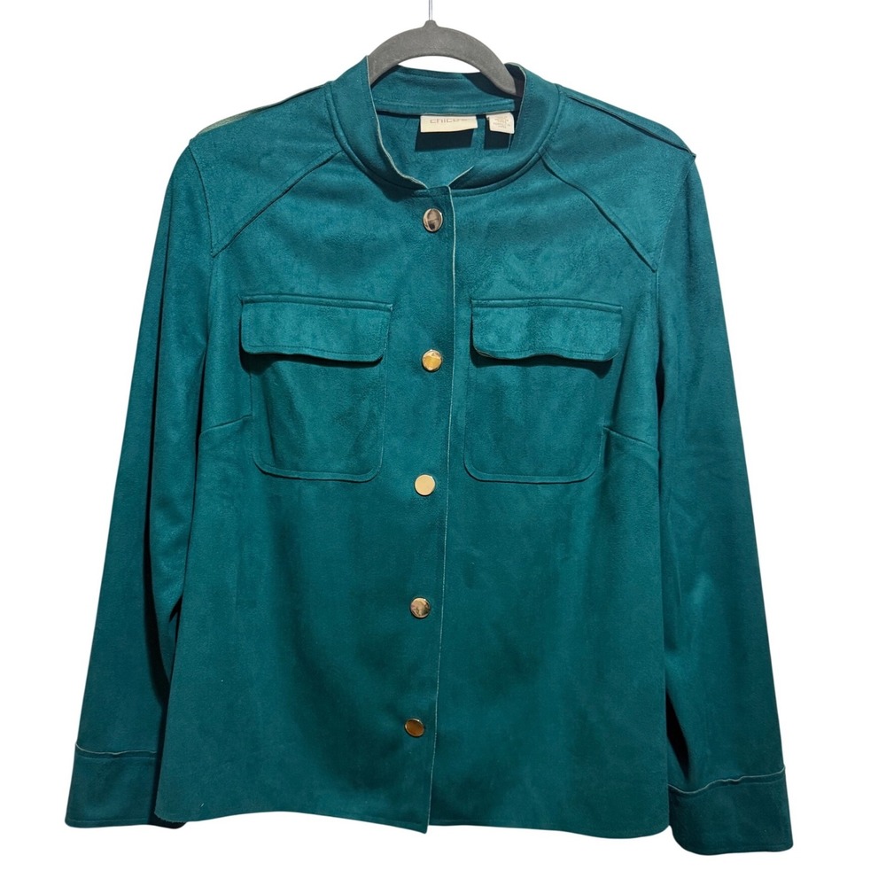 Chico's Faux Suede Jacket‎ Womens 1 Teal Gold Snap Button Mock Neck Utility Coat